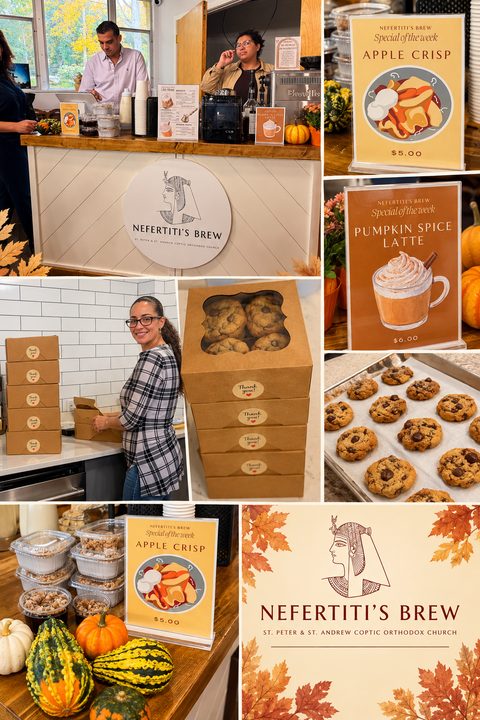 Photos from Nefertiti’s Brew at Saint Peter & Saint Andrew: the coffee counter with the Nefertiti’s Brew sign, fall specials of Apple Crisp ($5.00) and Pumpkin Spice Latte ($6.00), boxes and trays of homemade chocolate chip cookies, and a volunteer packing cookie boxes.