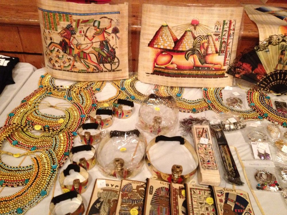 Egyptian crafts and treasures laid out on a table at the first Egyptian Festival in Connecticut, September 2012.