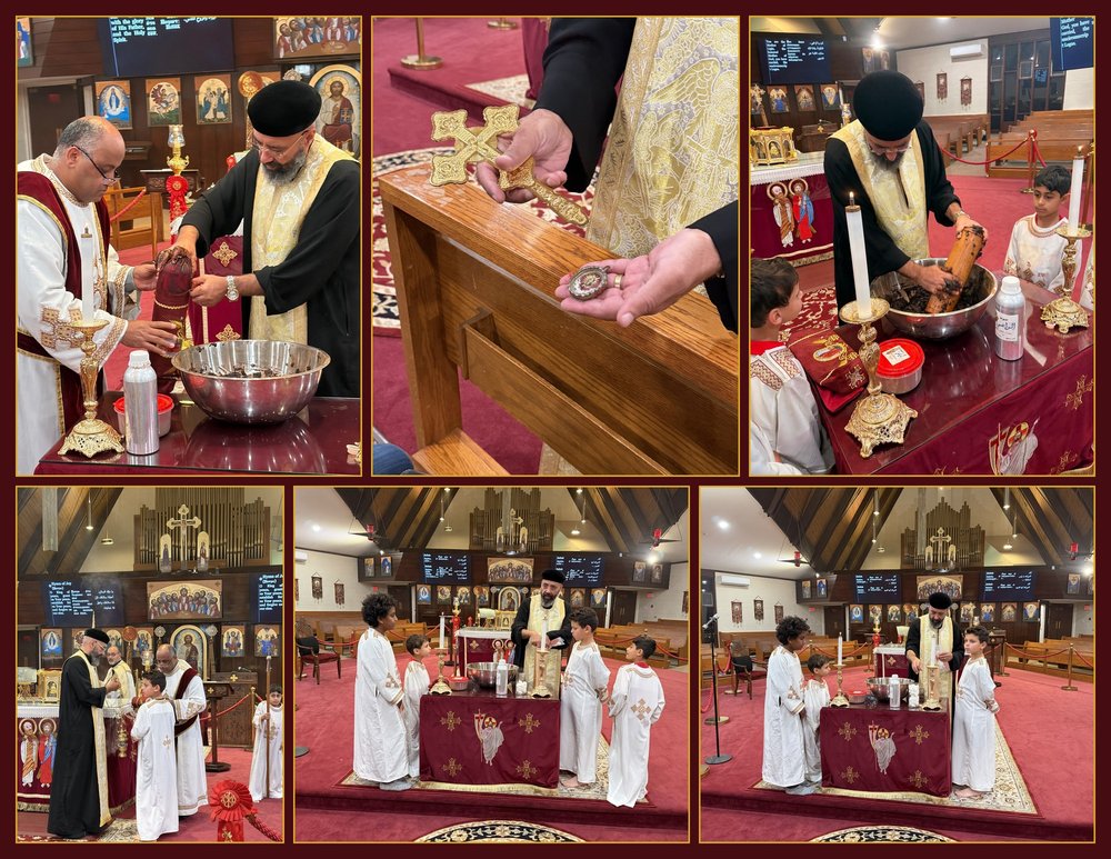 Photos from the evening of the veneration of the holy relic of Saint Anastasia at Saint Peter & Saint Andrew: clergy and deacons at the table with the relic, the relic shown beside the hand cross, and the priest with the young deacons.