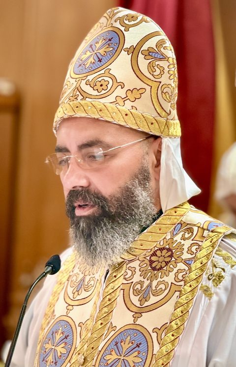 Father Andrew Awad, in vestments, speaking at the microphone