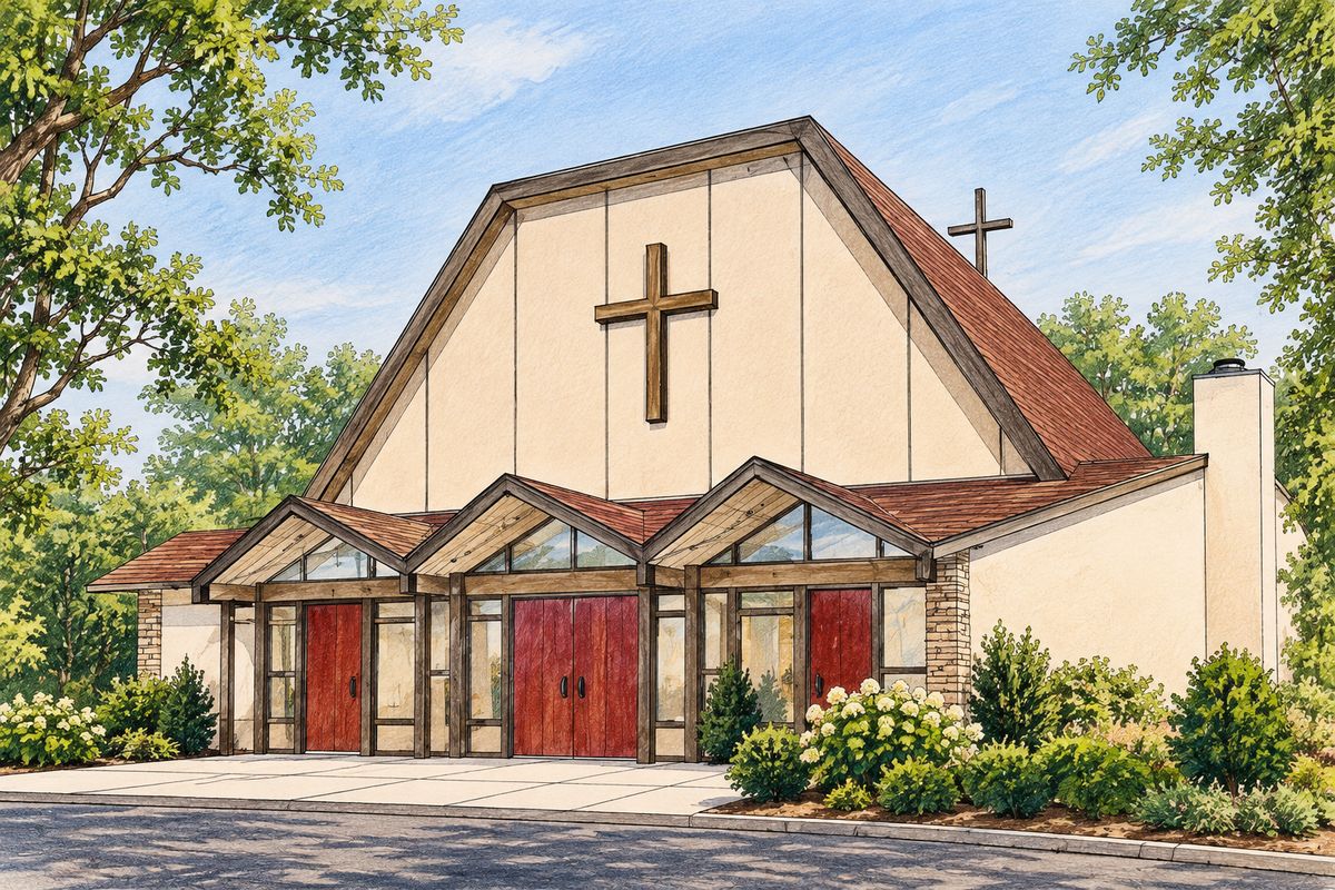 A drawing of the front of the Saint Peter & Saint Andrew Coptic Orthodox Church building, with its wooden cross and red doors