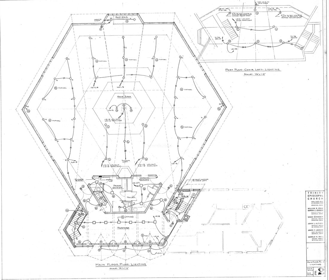 The original floor plan of Trinity Episcopal Church, dated December 1965: a six-sided building. Architects William B. Cram and Gordon E. Johnson, Norwalk, Connecticut.